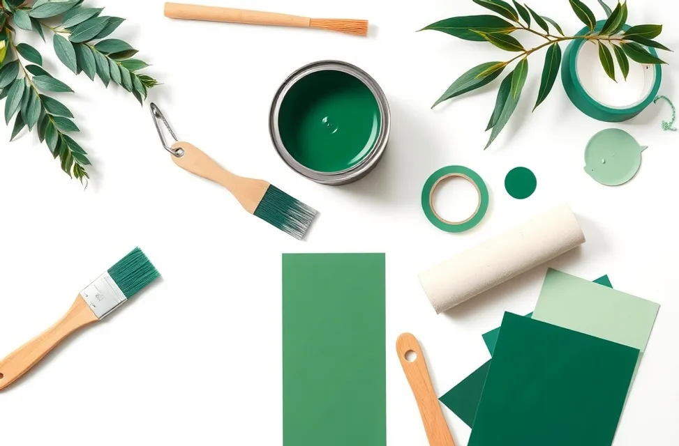 Pots de peinture, nuancier, brosses et rouleaux disposés à plat