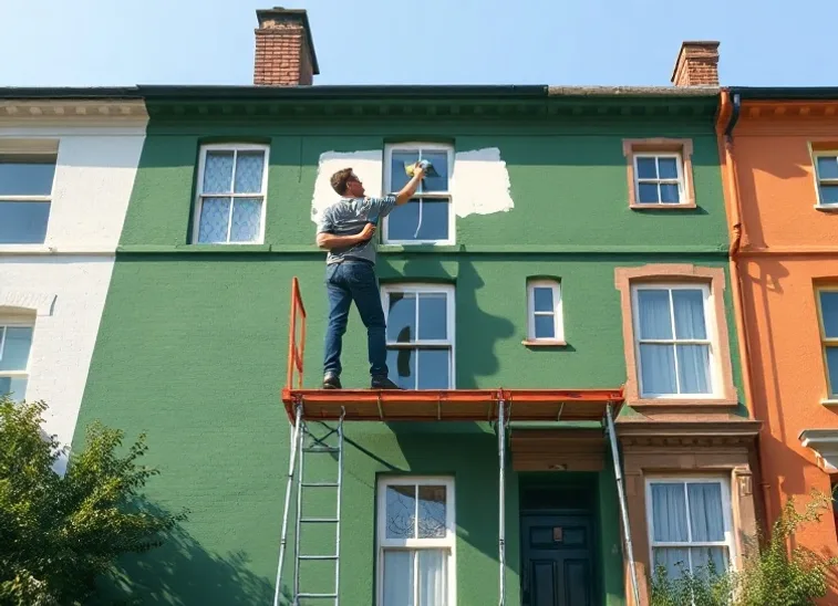Peintre sur échafaudage traitant la façade d'une maison