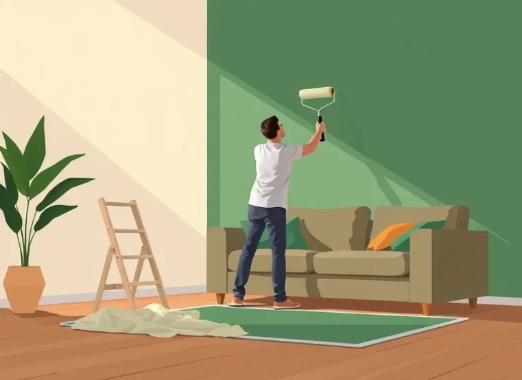 Peintre appliquant la peinture au rouleau sur un mur de salon